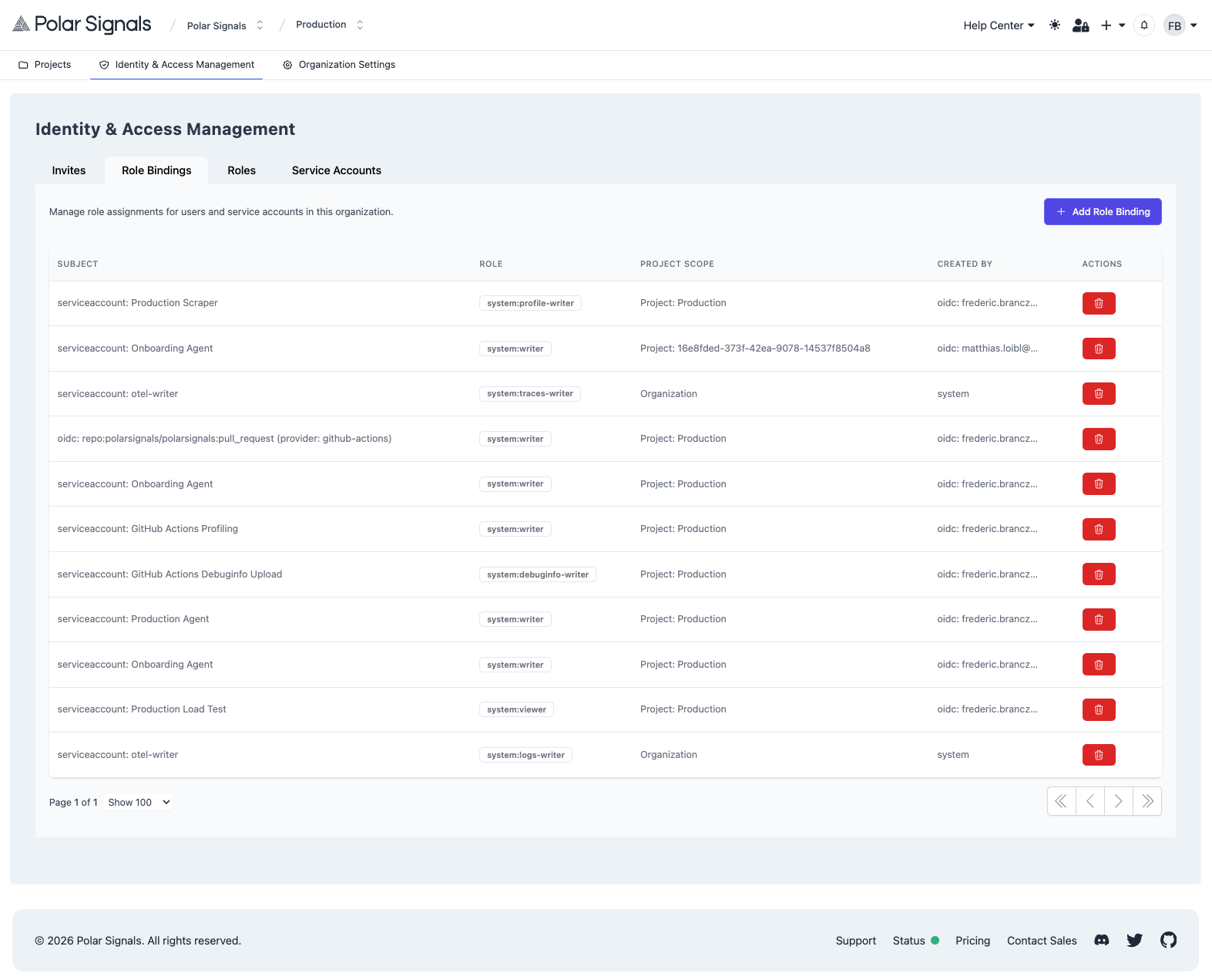Role Bindings page